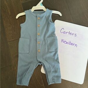 Carters Blue Ribbed Newborn Jumpsuit with Wooden Buttons